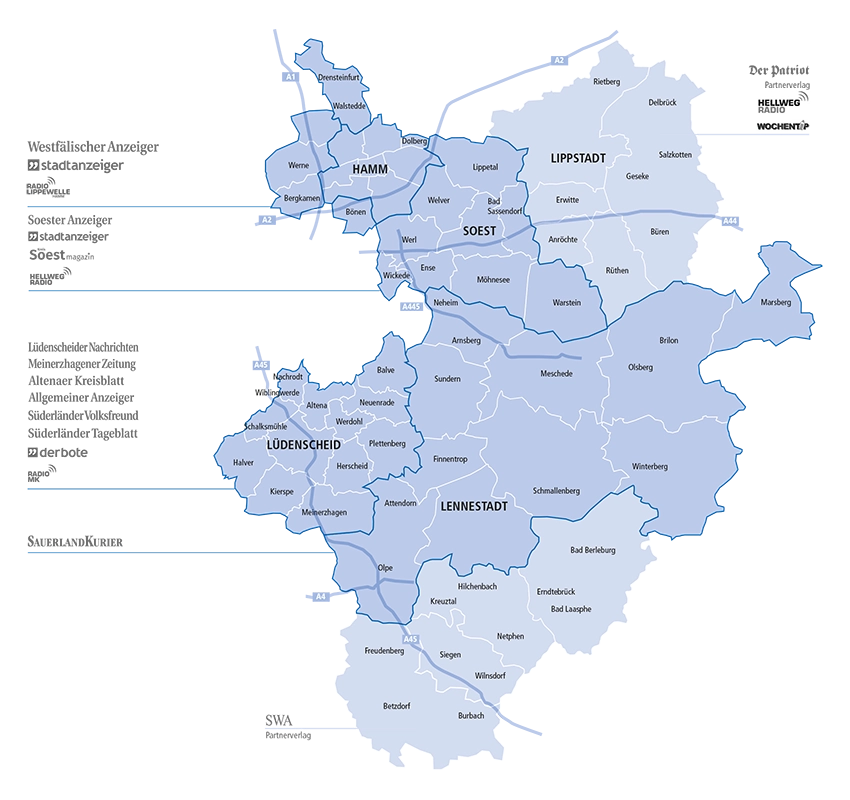 Verbreitungsgebiet Tageszeitungen und Anzeibenblätter gesamt, mit Partnerverlagen